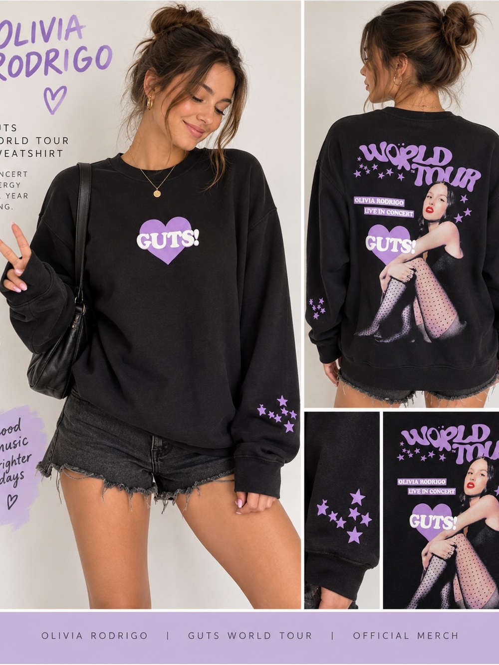 Olivia Rodrigo GUTS World Tour 2024 Black Oversized Crewneck Sweatshirt XXL
